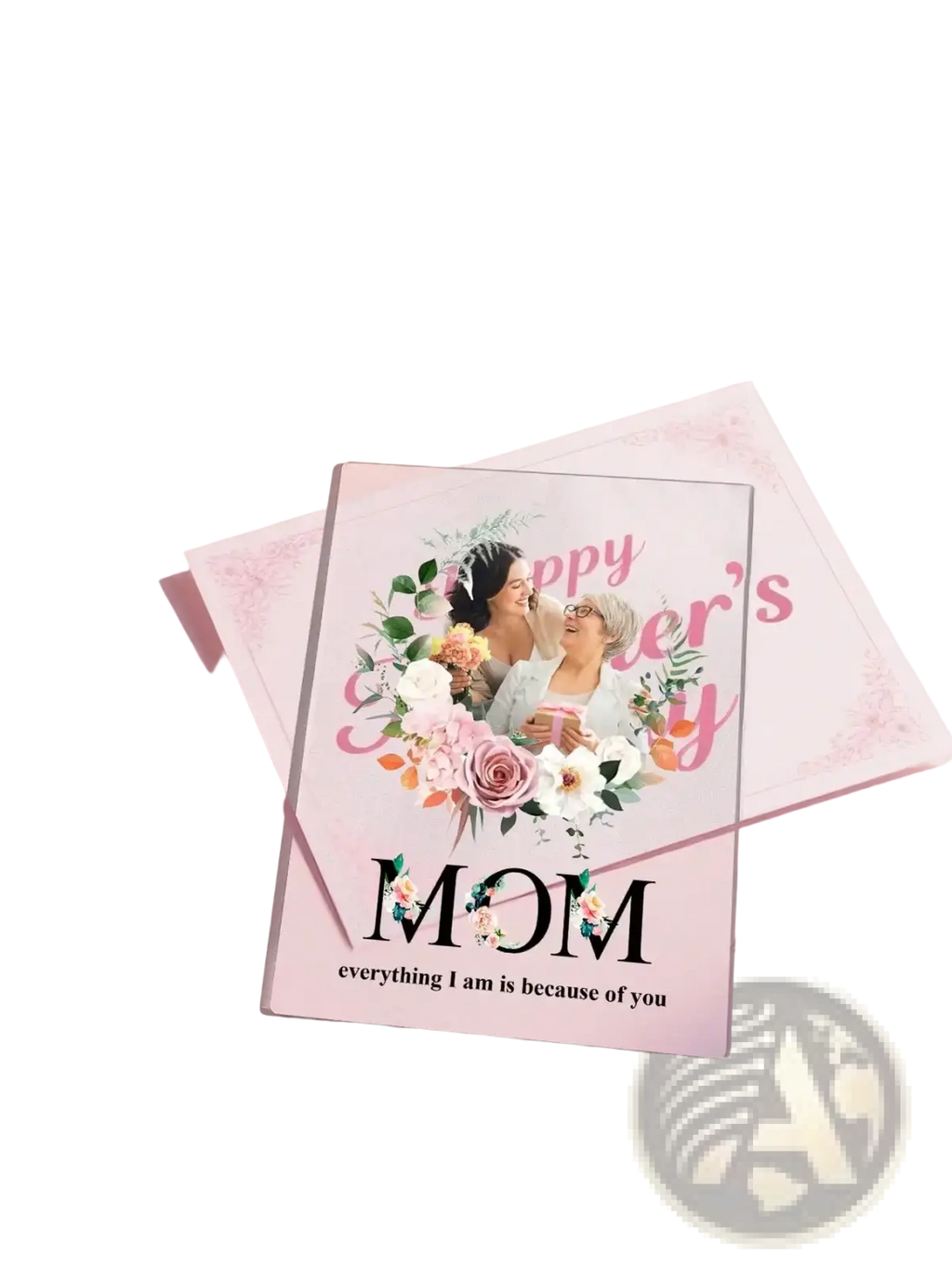 A clear custom photo acrylic plaque featuring a floral wreath with pink and white roses and a mothers day message