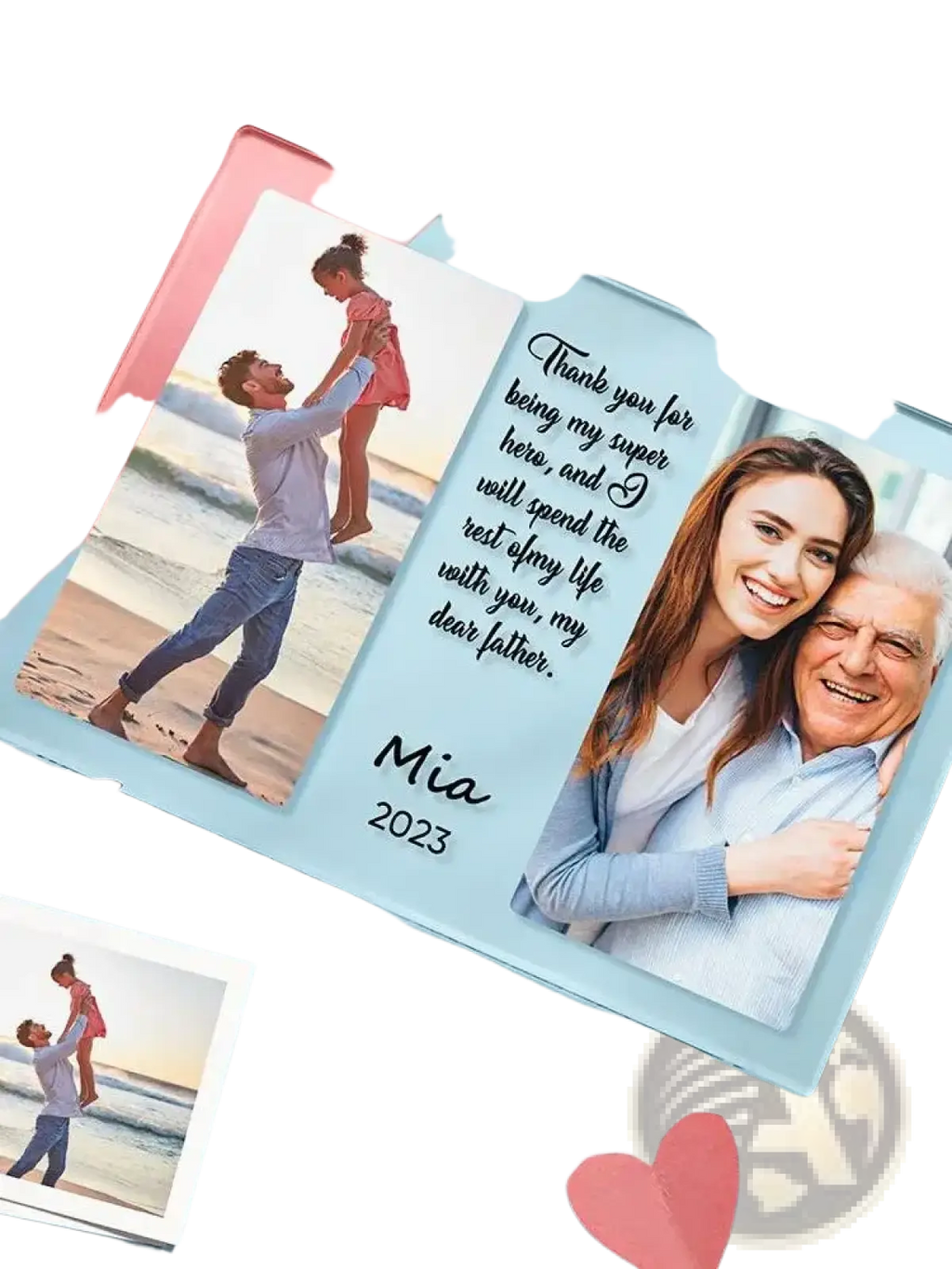 Light blue custom photo acrylic plaque with two printed photos and heartfelt engraved message for family gift