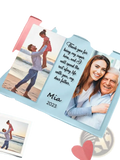 Light blue custom photo acrylic plaque with two printed photos and heartfelt engraved message for family gift