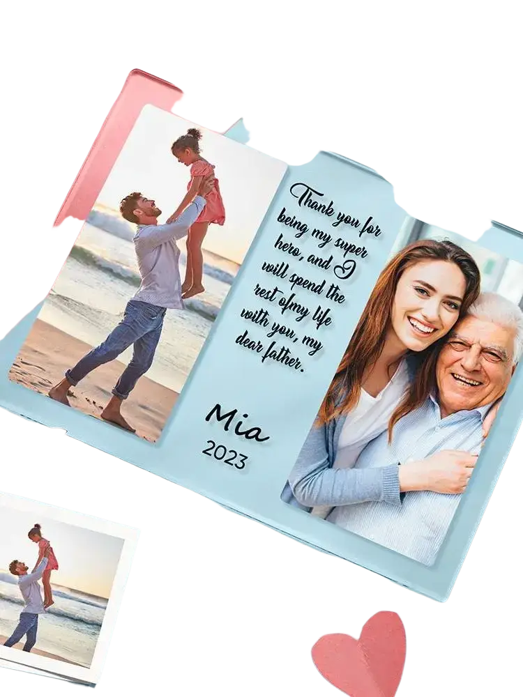 Light blue custom photo acrylic plaque with two printed photos and heartfelt engraved message for family gift