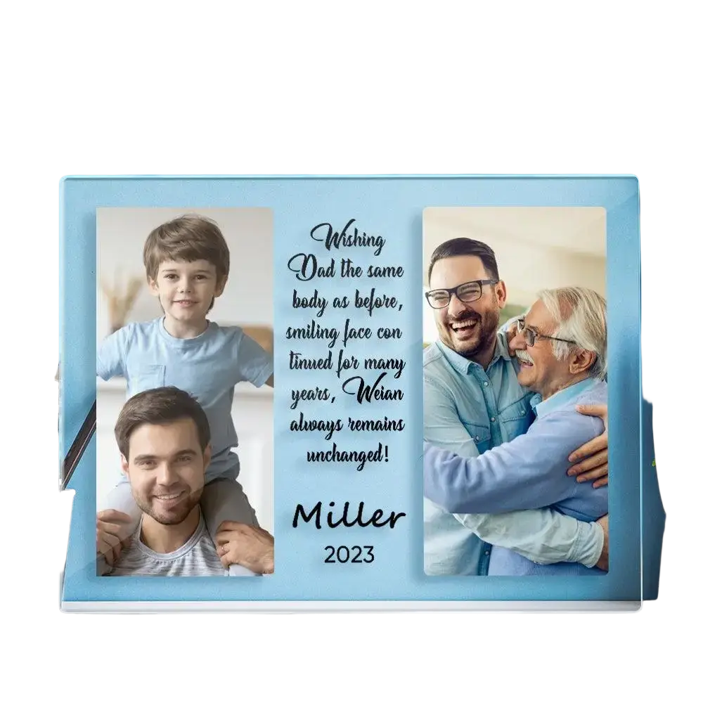 Light blue custom photo acrylic plaque with three family photos and engraved text personalized family gift