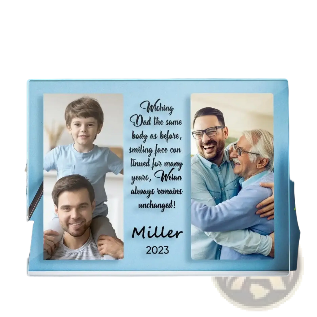 Light blue custom photo acrylic plaque with three family photos and engraved text personalized family gift