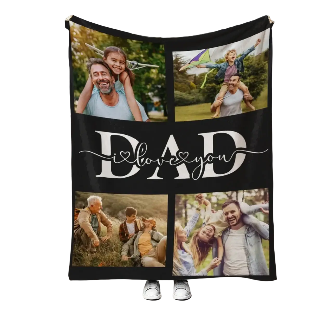 Black personalized fleece blanket with four family photos and dad i love you in white cursive for a custom gift