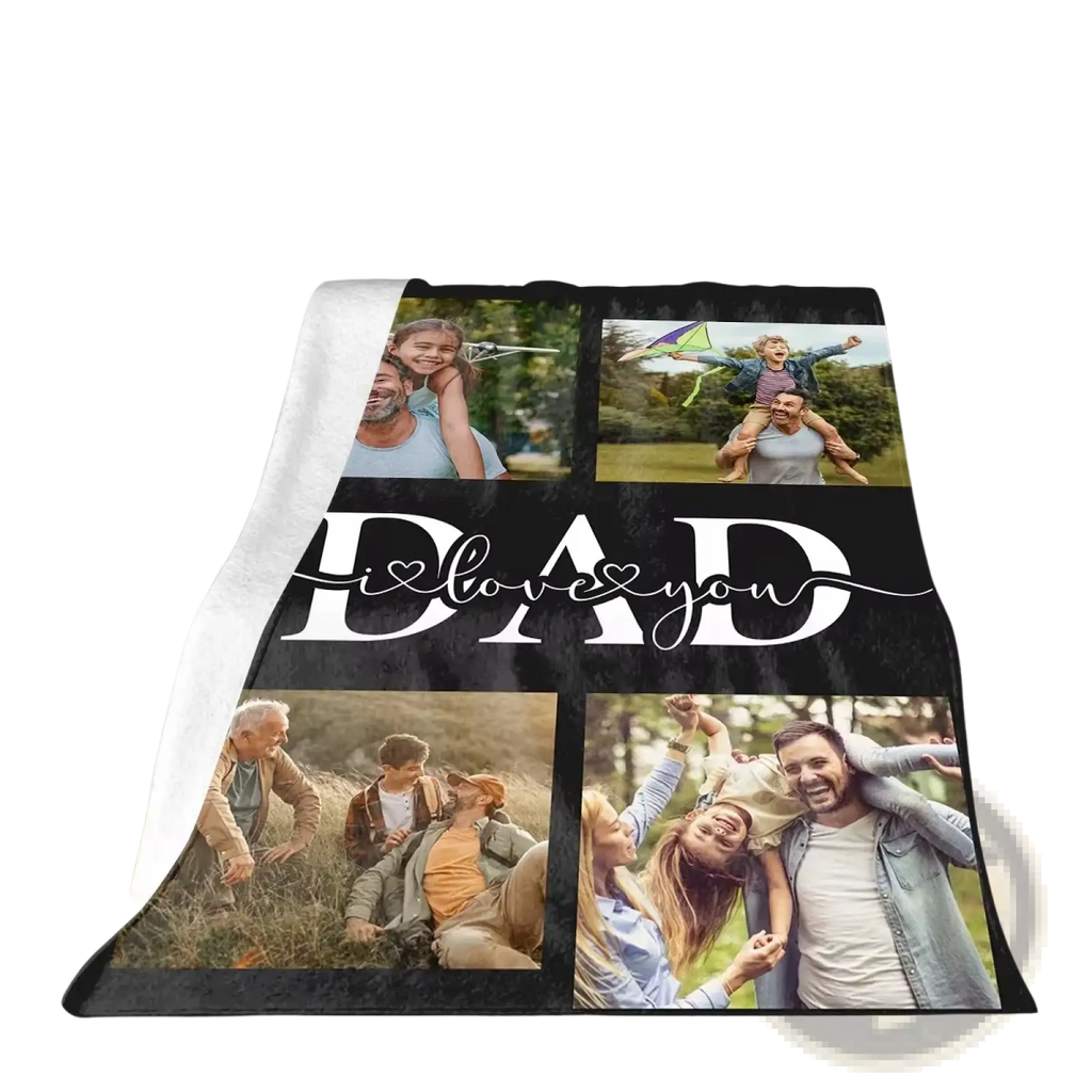 Black personalized fleece blanket with four family photos and dad i love you script for a custom gift