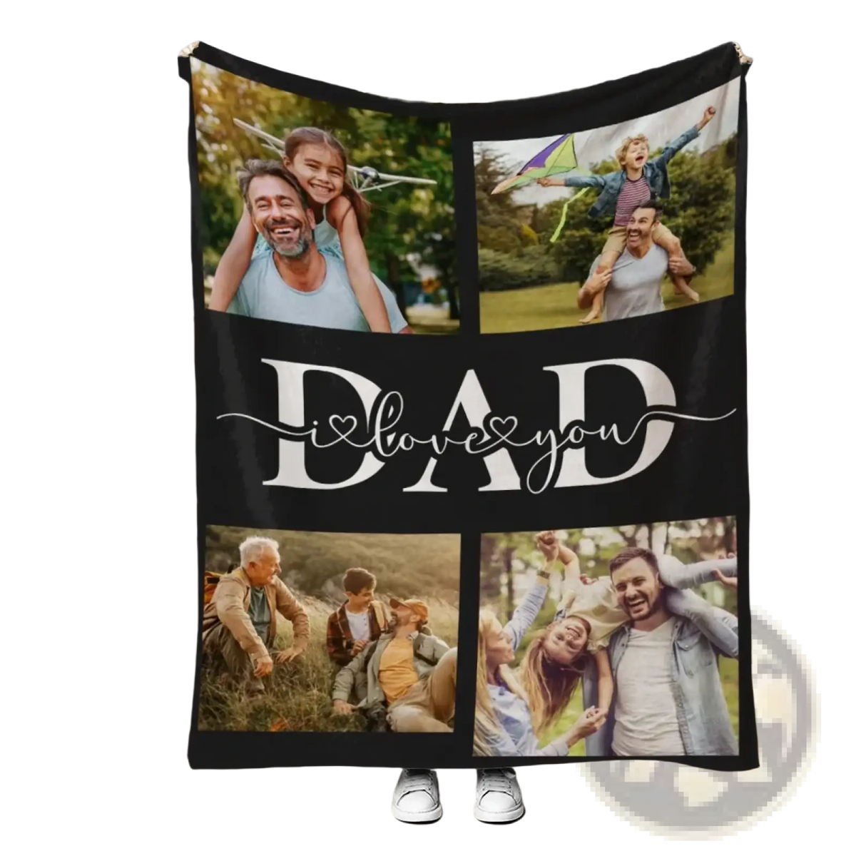 Black personalized fleece blanket with four family photos and dad i love you in white cursive for a custom gift