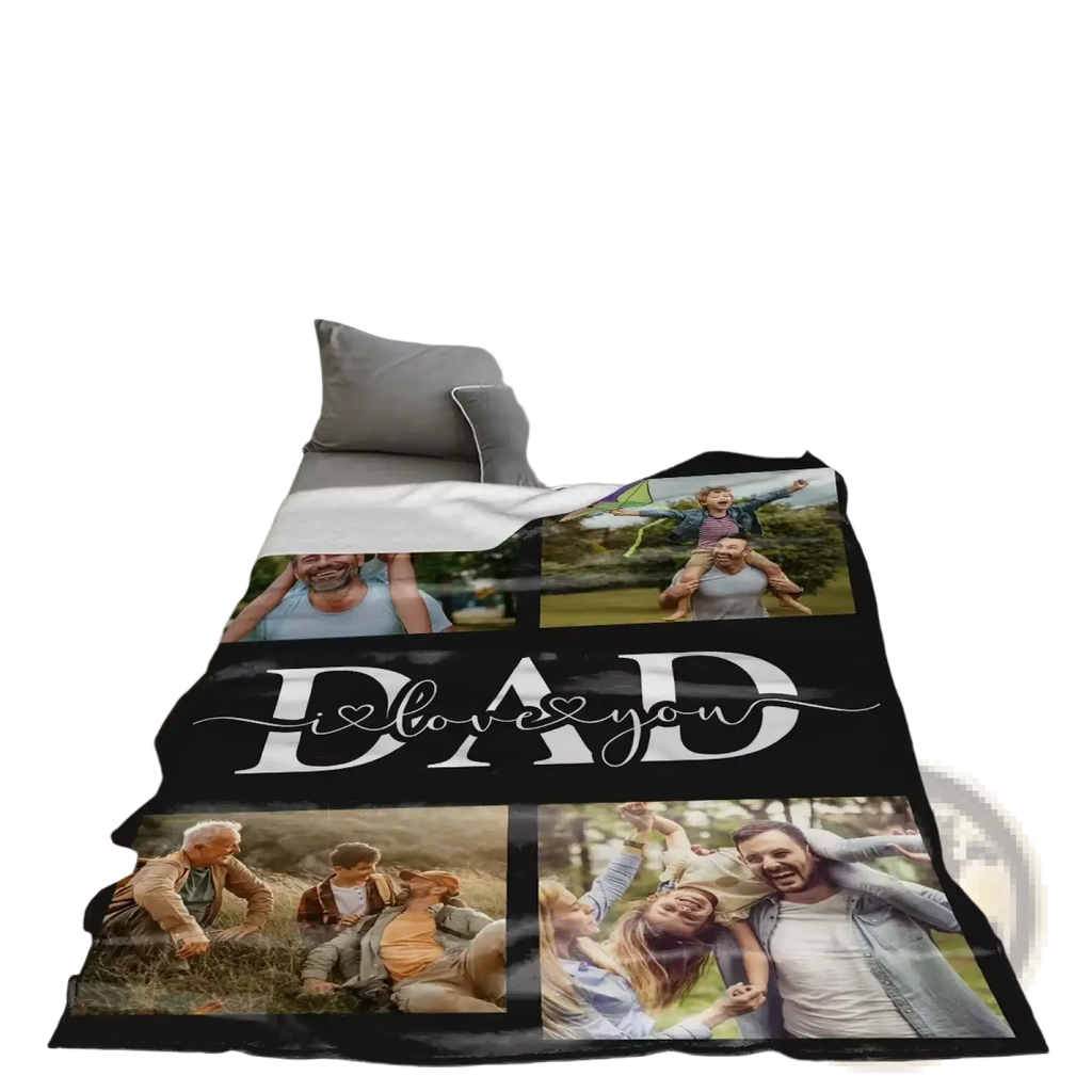 Black personalized fleece blanket featuring four family photos and white script saying i love you dad gift for dads