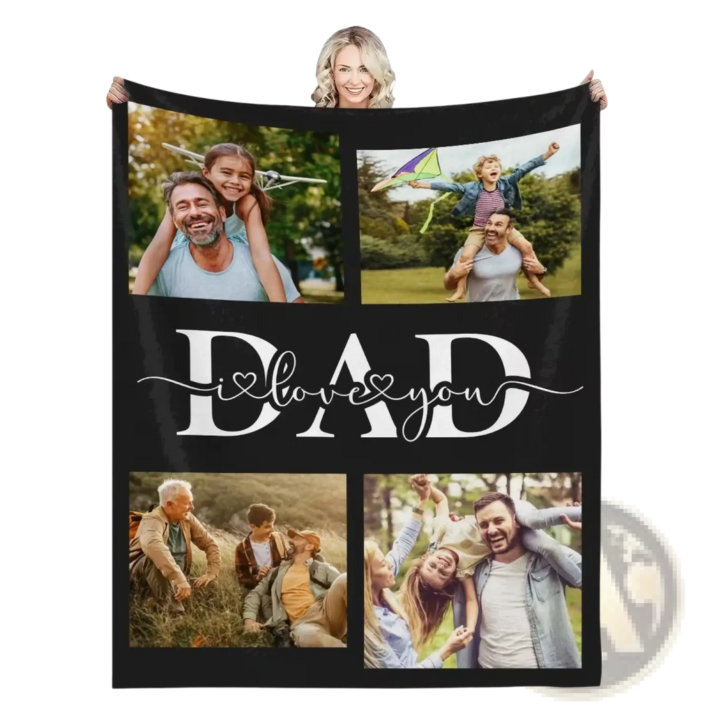 Black personalized fleece blanket for dad with four family photos and i love you dad white script design