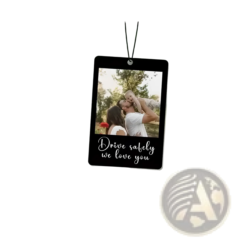 Black rectangular custom photo car air freshener with family photo and white drive safely we love you text for personalized gift