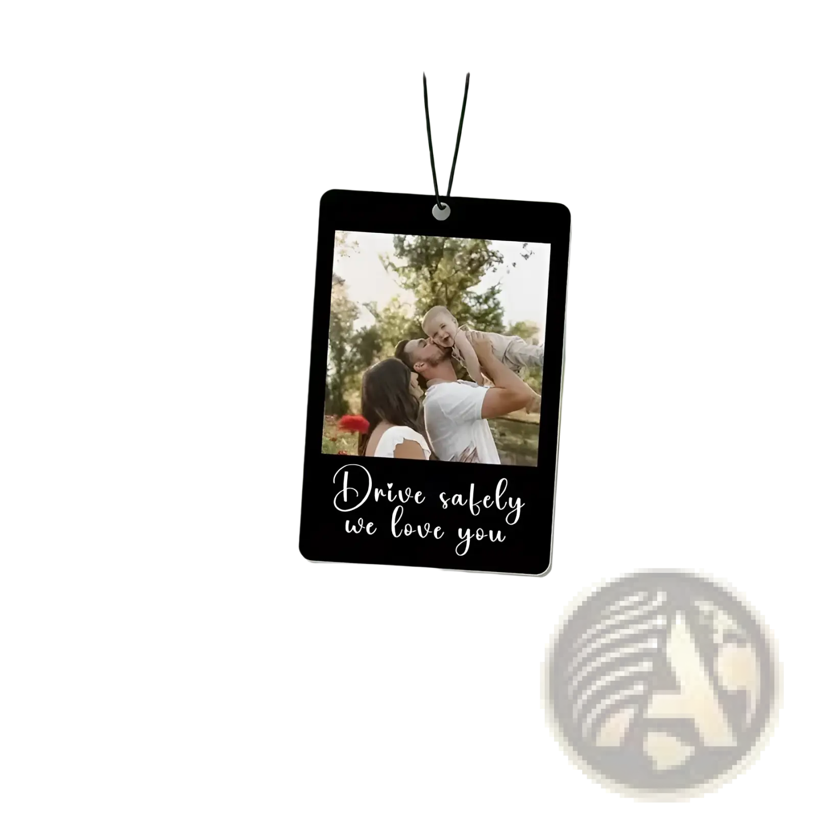 Black rectangular custom photo car air freshener with family photo and white drive safely we love you text for personalized gift