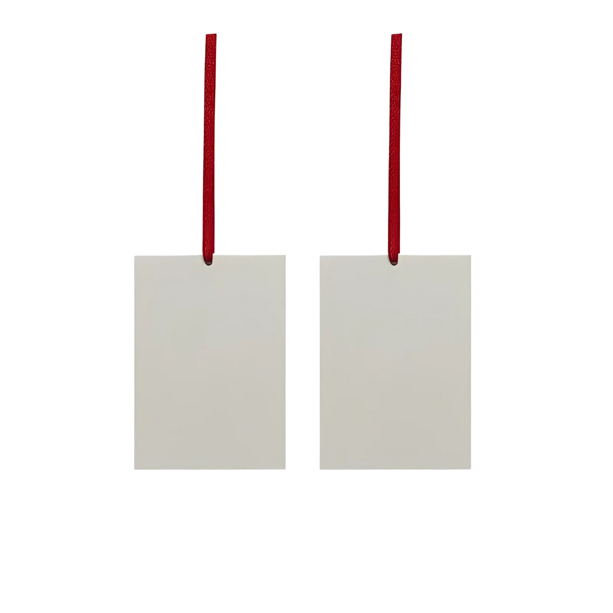 Minimalist off-white rectangular custom photo car air freshener tag with red ribbon loop designed for double-sided printing