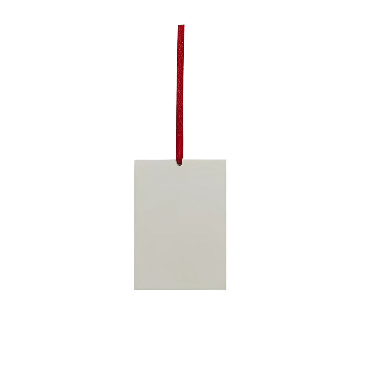 Custom photo car air freshener featuring a plain off-white rectangular tag with a red hanging ribbon loop