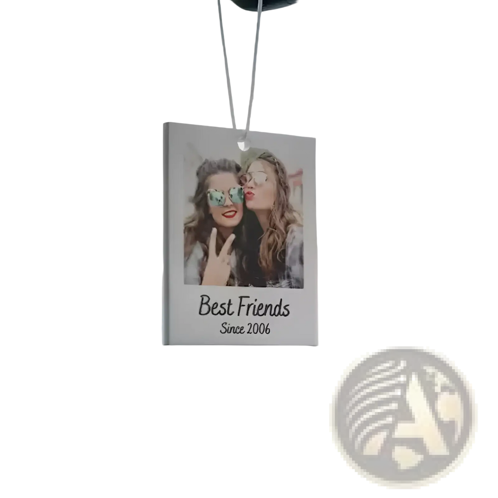 Custom photo car air freshener in white rectangular design featuring two smiling women and best friends since 2006 text