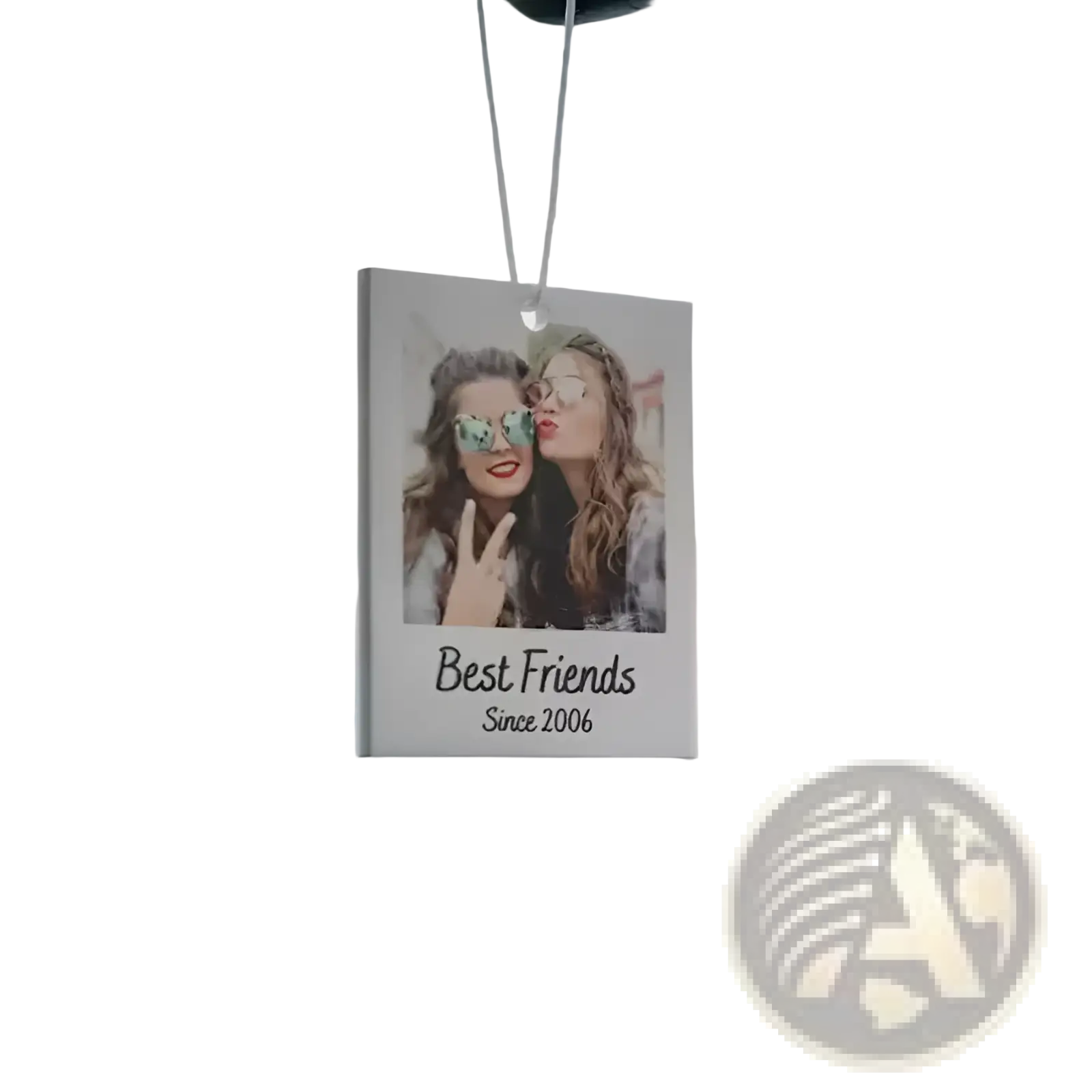Custom photo car air freshener in white rectangular design featuring two smiling women and best friends since 2006 text