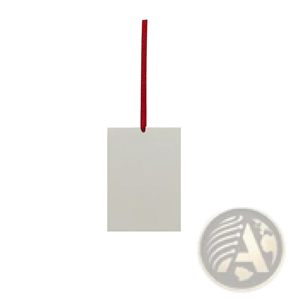 Custom photo car air freshener featuring a plain off-white rectangular tag with a red hanging ribbon loop