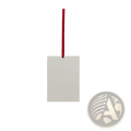 Custom photo car air freshener featuring a plain off-white rectangular tag with a red hanging ribbon loop