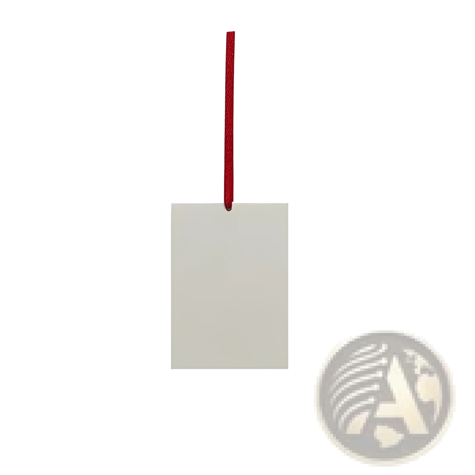 Custom photo car air freshener featuring a plain off-white rectangular tag with a red hanging ribbon loop