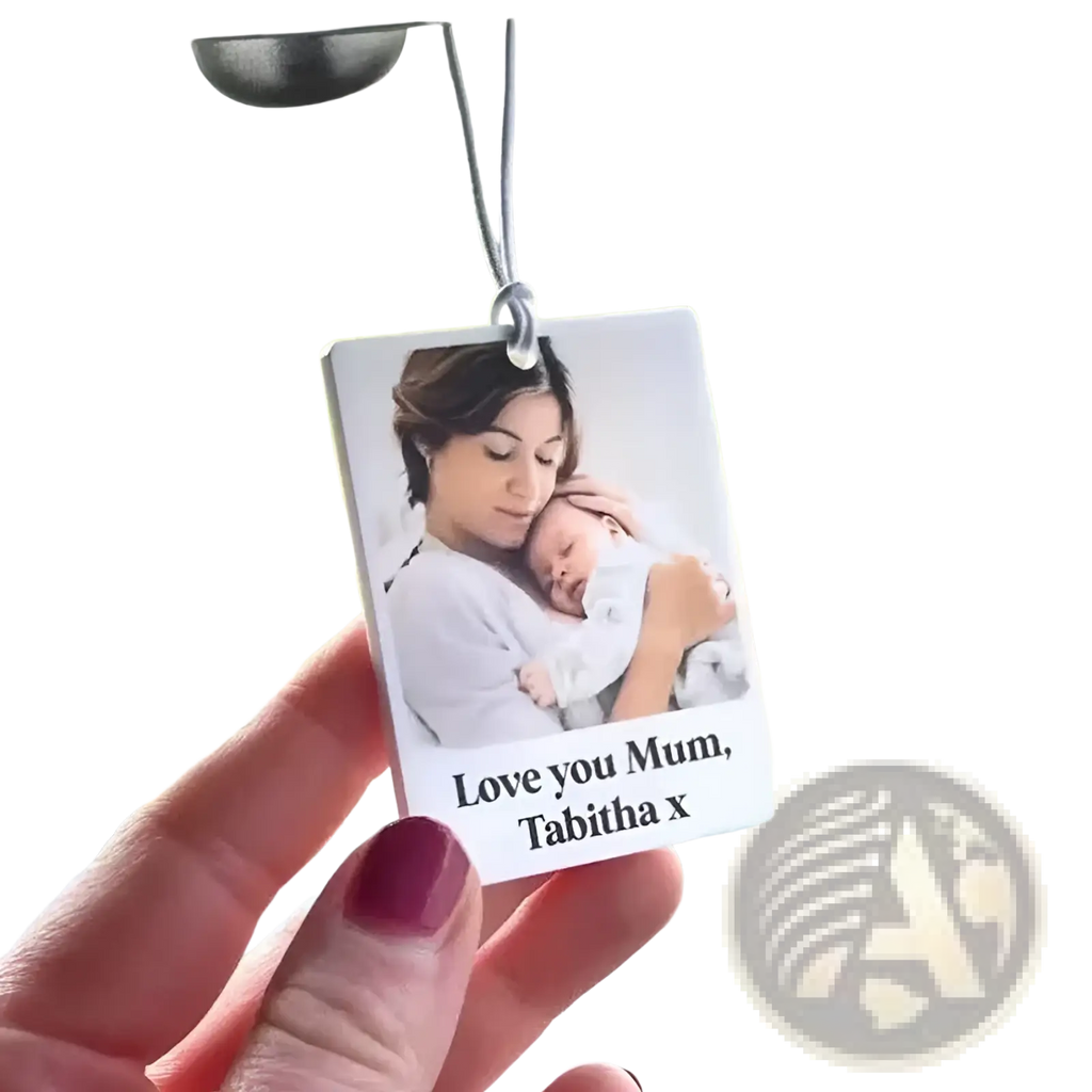 White rectangular custom photo car air freshener featuring a woman holding a baby with text love you mum tabitha x