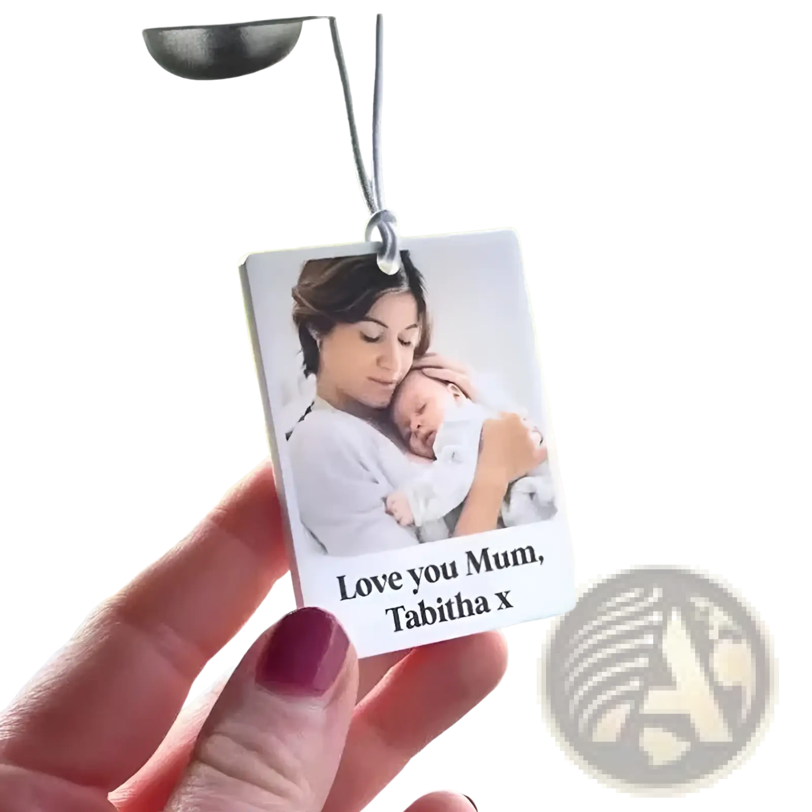 White rectangular custom photo car air freshener featuring a woman holding a baby with text love you mum tabitha x