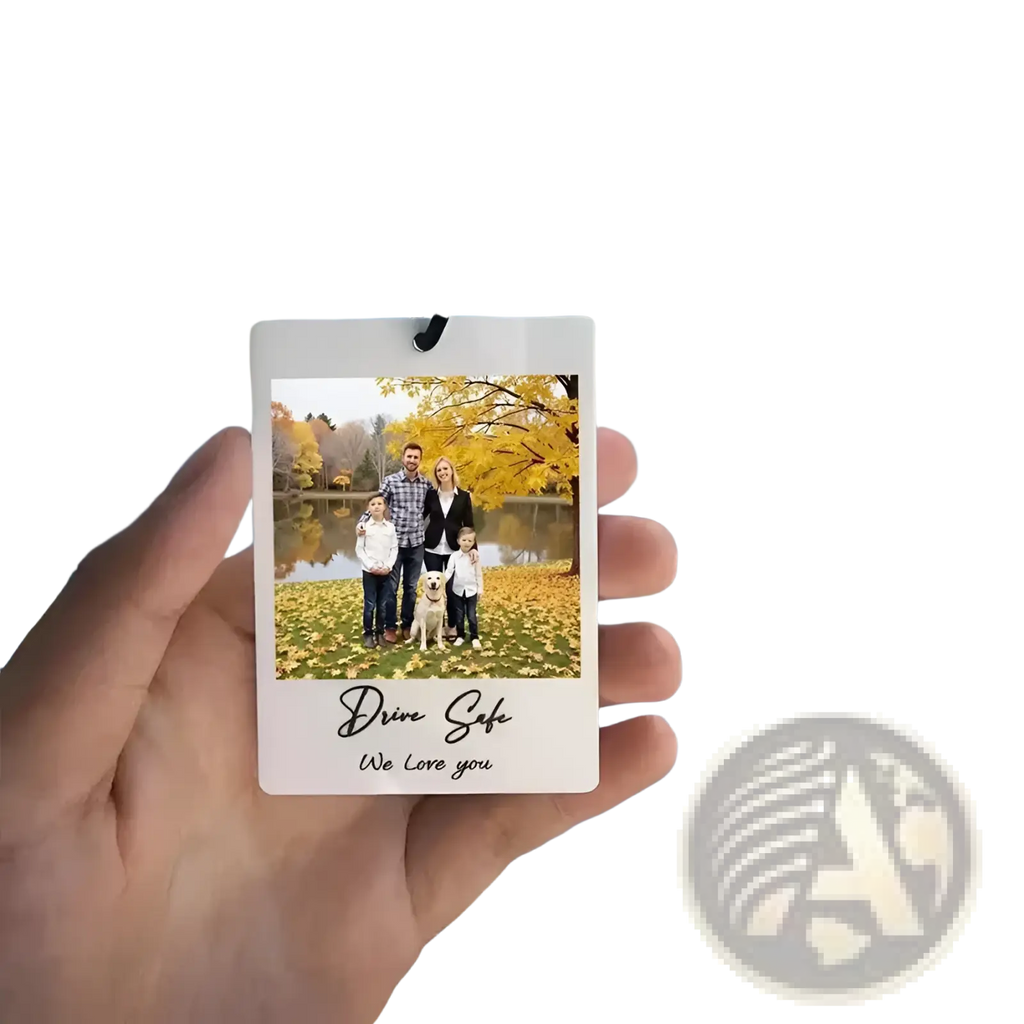 Custom photo white rectangular car air freshener with family photo autumn leaves and drive safe we love you text in black cursive