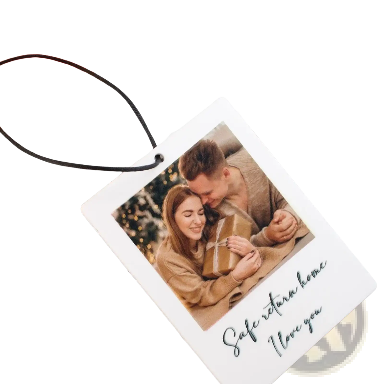White rectangular custom photo car air freshener with black string featuring a couple image and safe return home text in cursive