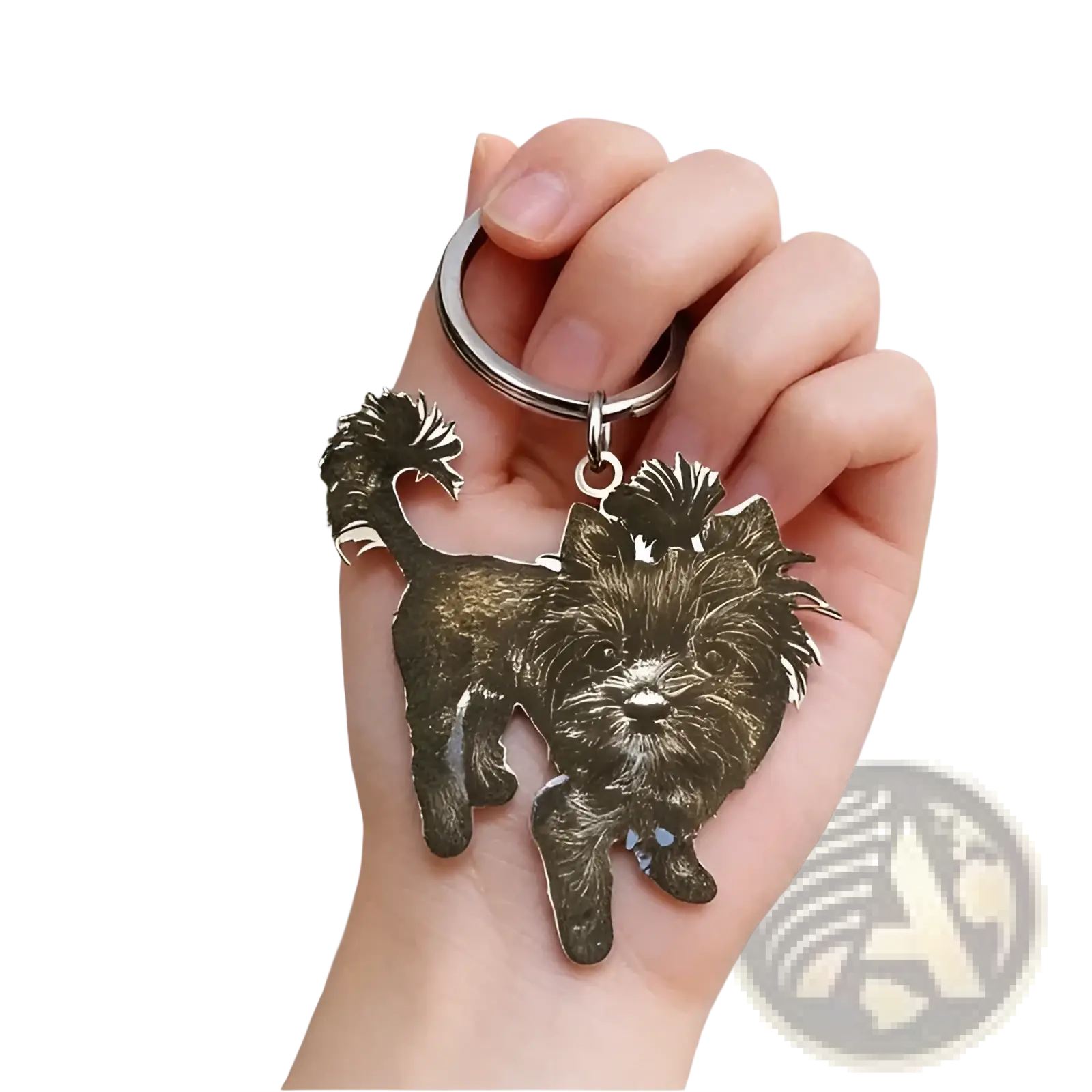 Custom photo engraved dog keychain in dark stainless steel with intricate fur texture and raised tail design