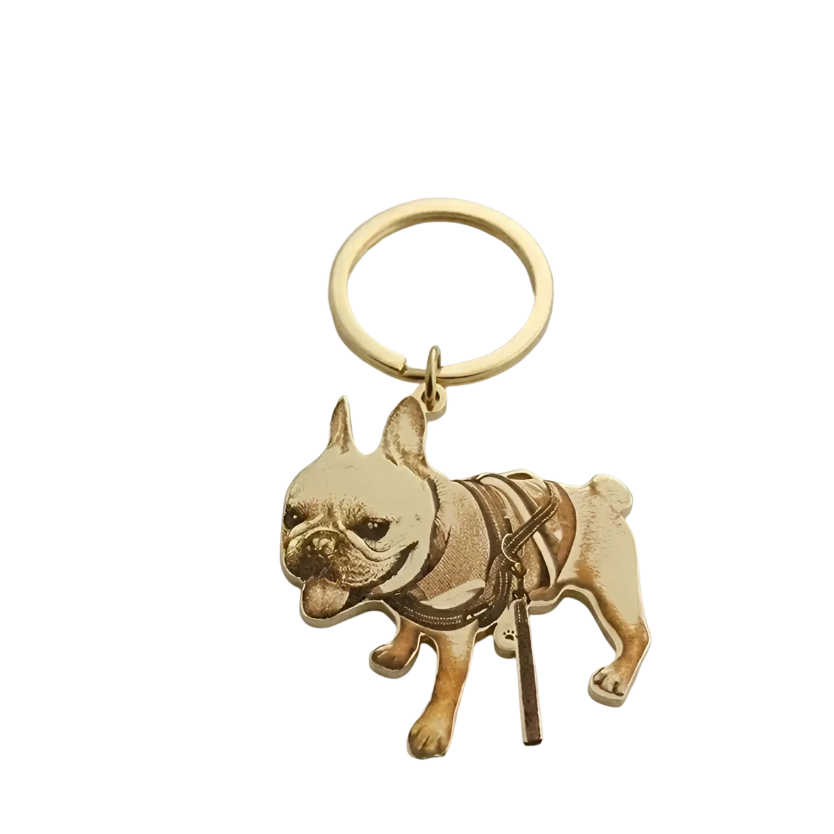 Gold-colored stainless steel custom photo engraved dog keychain shaped like a french bulldog with a harness and leash