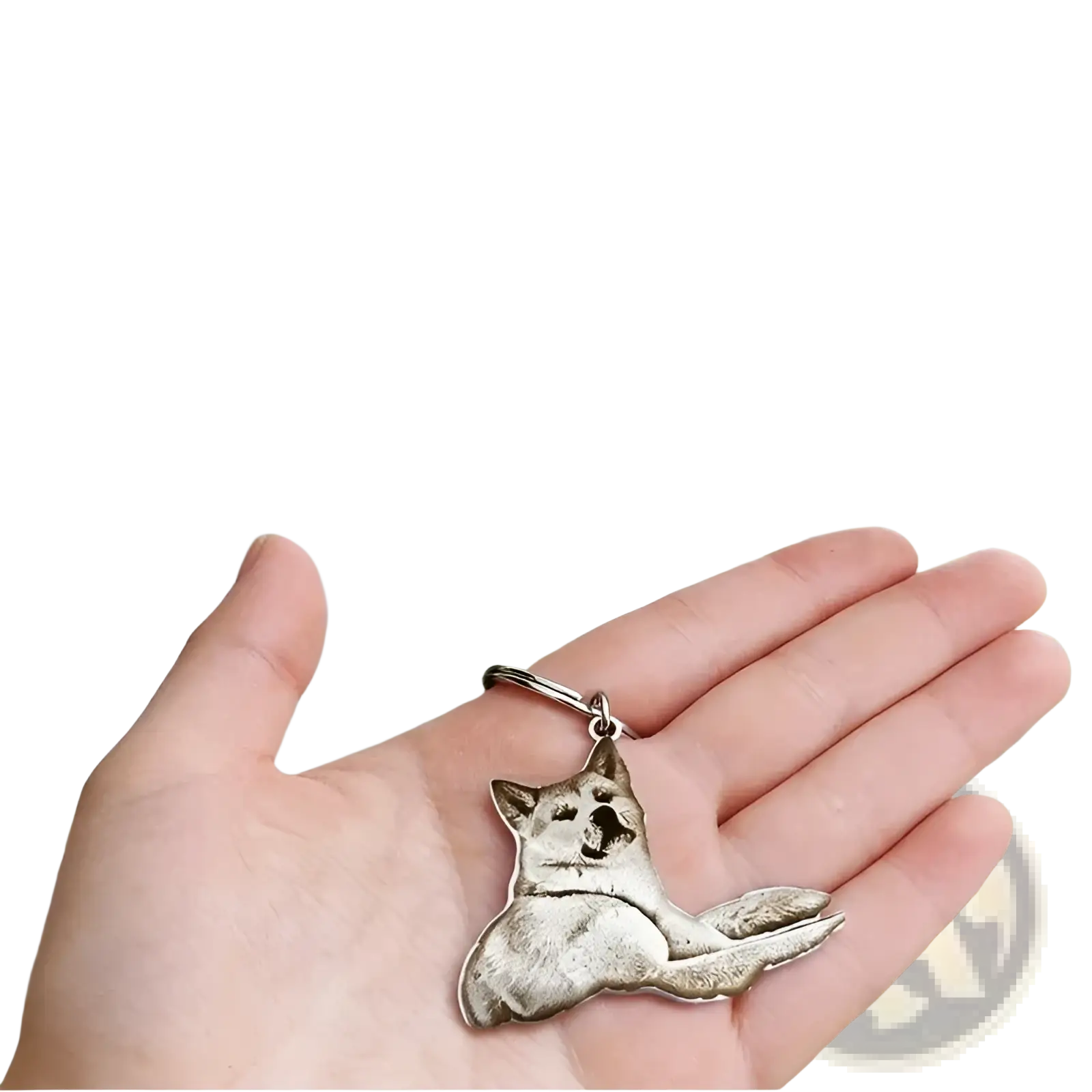Silver-colored custom photo engraved stainless steel keychain pendant shaped like a reclining akita dog