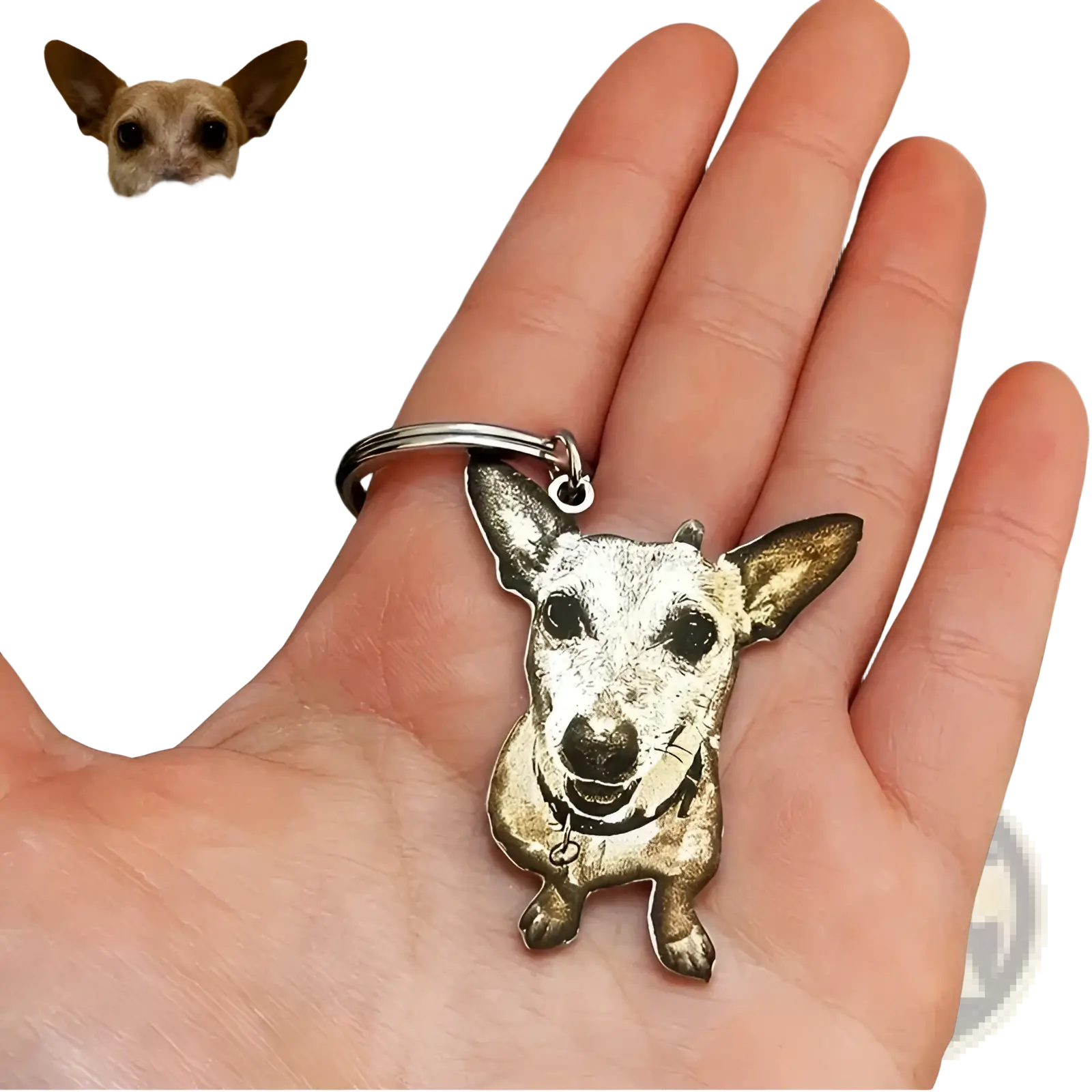 Silver-colored stainless steel custom photo engraved dog keychain with fine details and pointed ears