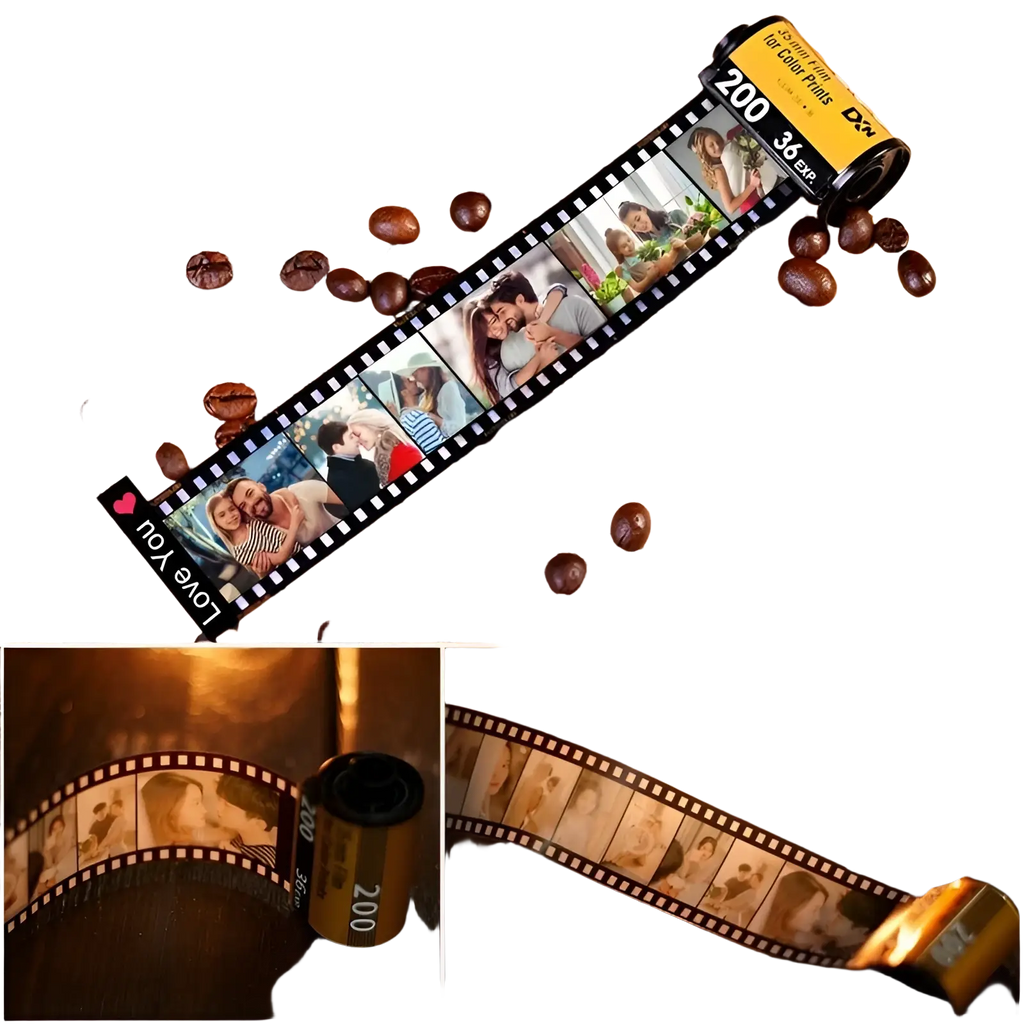 Custom photo film roll keychain featuring a black and yellow 35mm film strip with couple photos and a love you heart sticker
