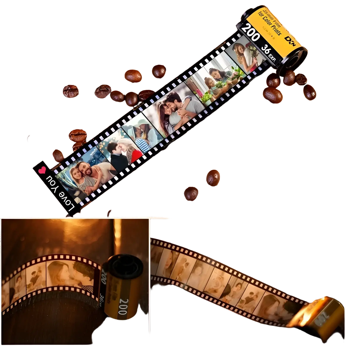 Custom photo film roll keychain featuring a black and yellow 35mm film strip with couple photos and a love you heart sticker