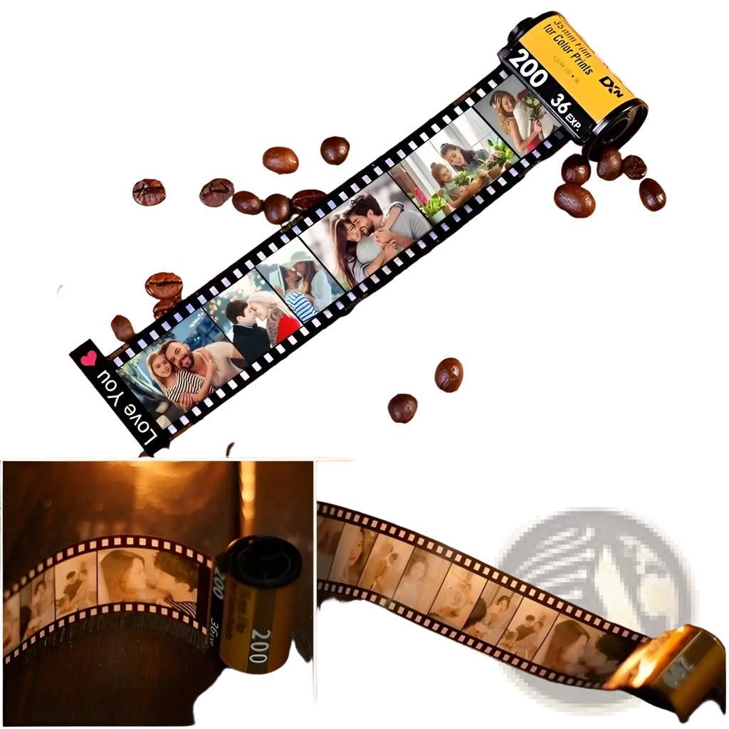 Custom photo film roll keychain featuring a black and yellow 35mm film strip with couple photos and a love you heart sticker