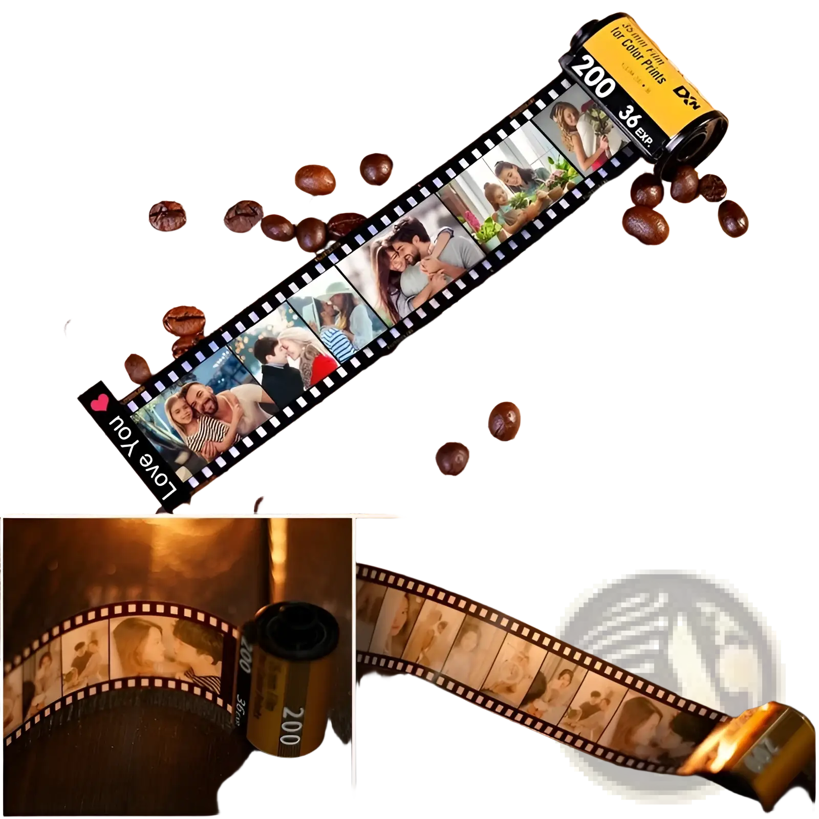 Custom photo film roll keychain featuring a black and yellow 35mm film strip with couple photos and a love you heart sticker