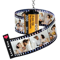 Custom photo film roll keychain featuring a black and yellow film reel pendant with printed couple photos and love you heart design