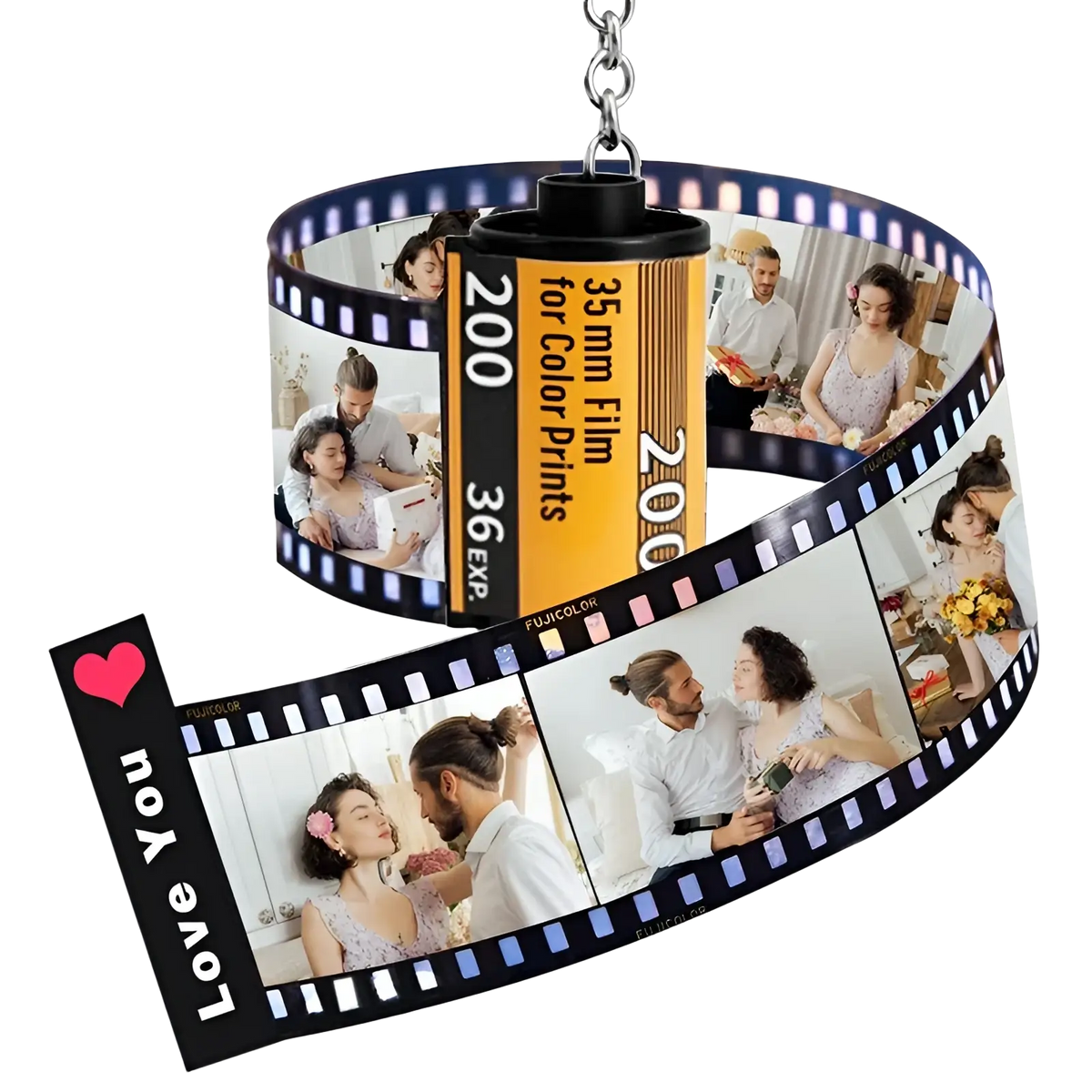 Custom photo film roll keychain featuring a black and yellow film reel pendant with printed couple photos and love you heart design
