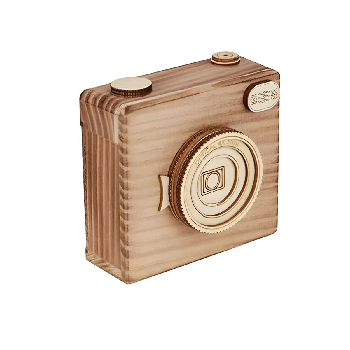 Custom photo film roll keychain featuring a rustic wooden camera-shaped box with brass-colored lens and engraved details