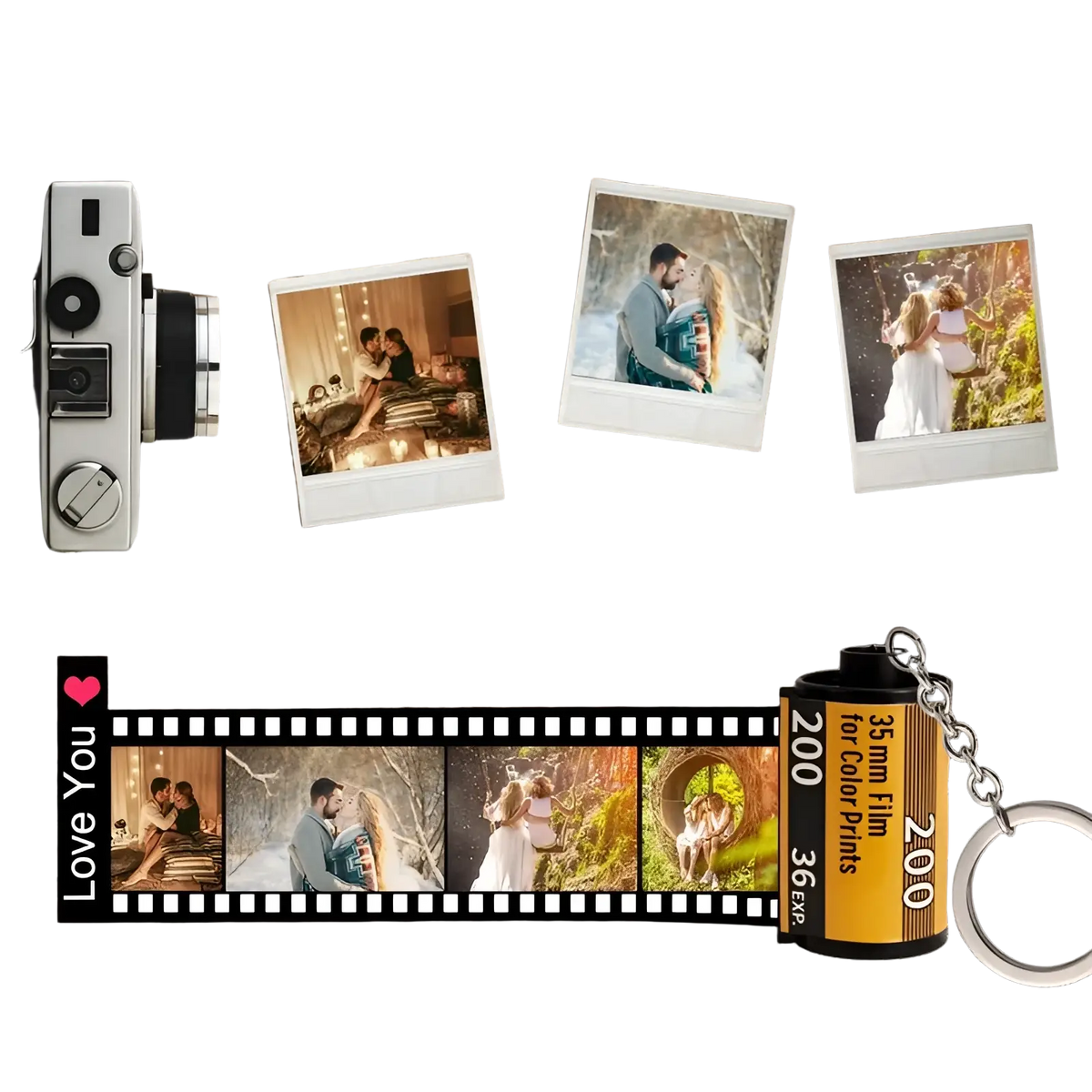 Silver custom photo film roll keychain featuring a 35mm film design with printed photos and love you text on the side