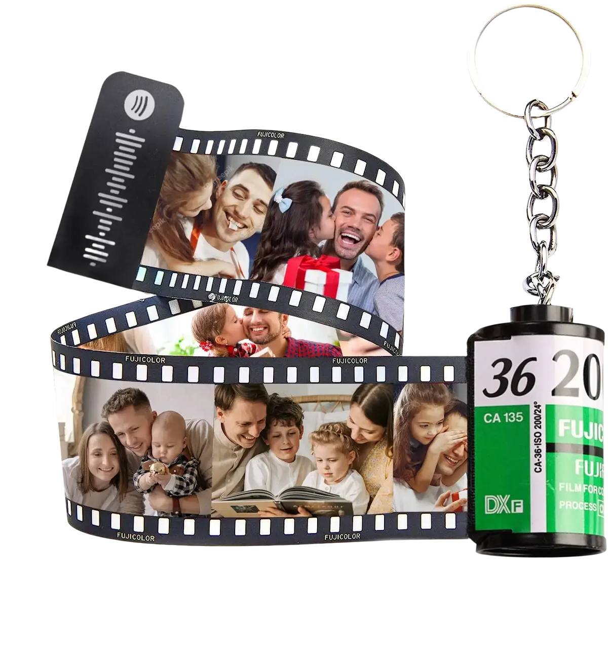 Silver custom photo film roll keychain resembling Fujifilm 36mm film with family photos and green Fujicolor label