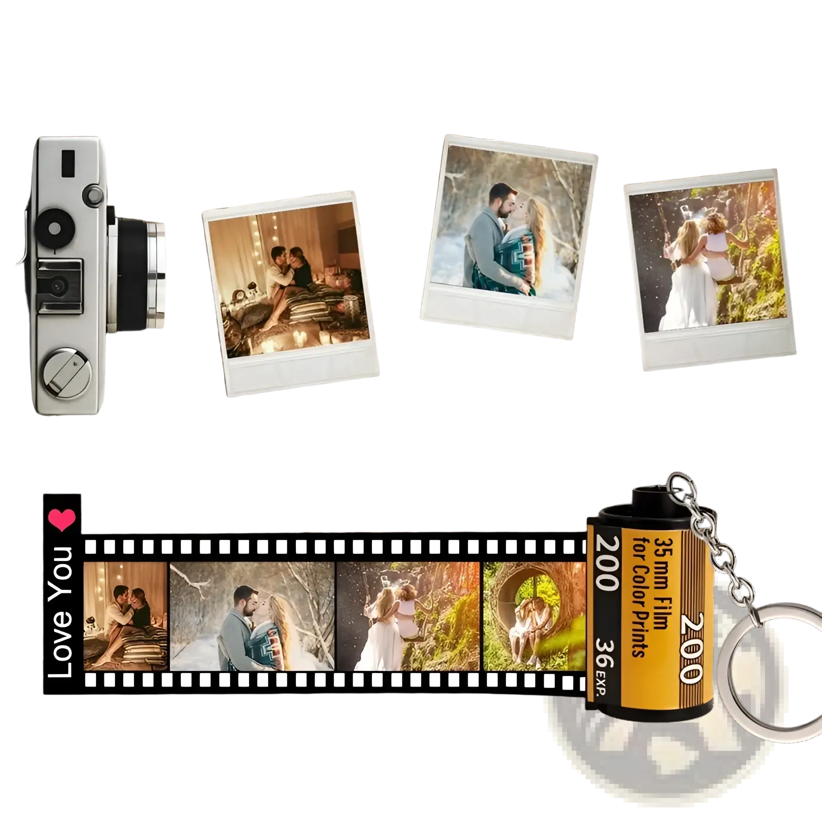 Silver custom photo film roll keychain featuring a 35mm film design with printed photos and love you text on the side