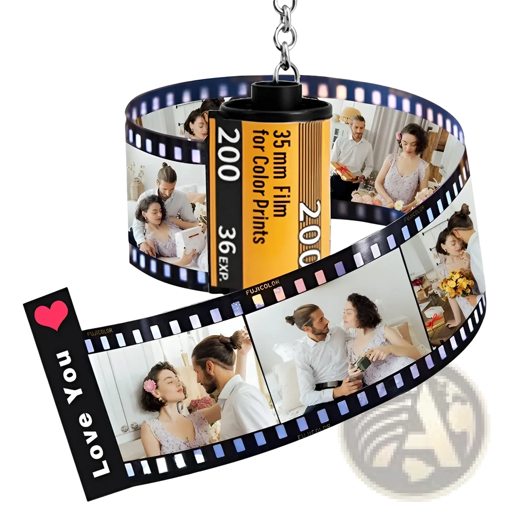 Custom photo film roll keychain featuring a black and yellow film reel pendant with printed couple photos and love you heart design