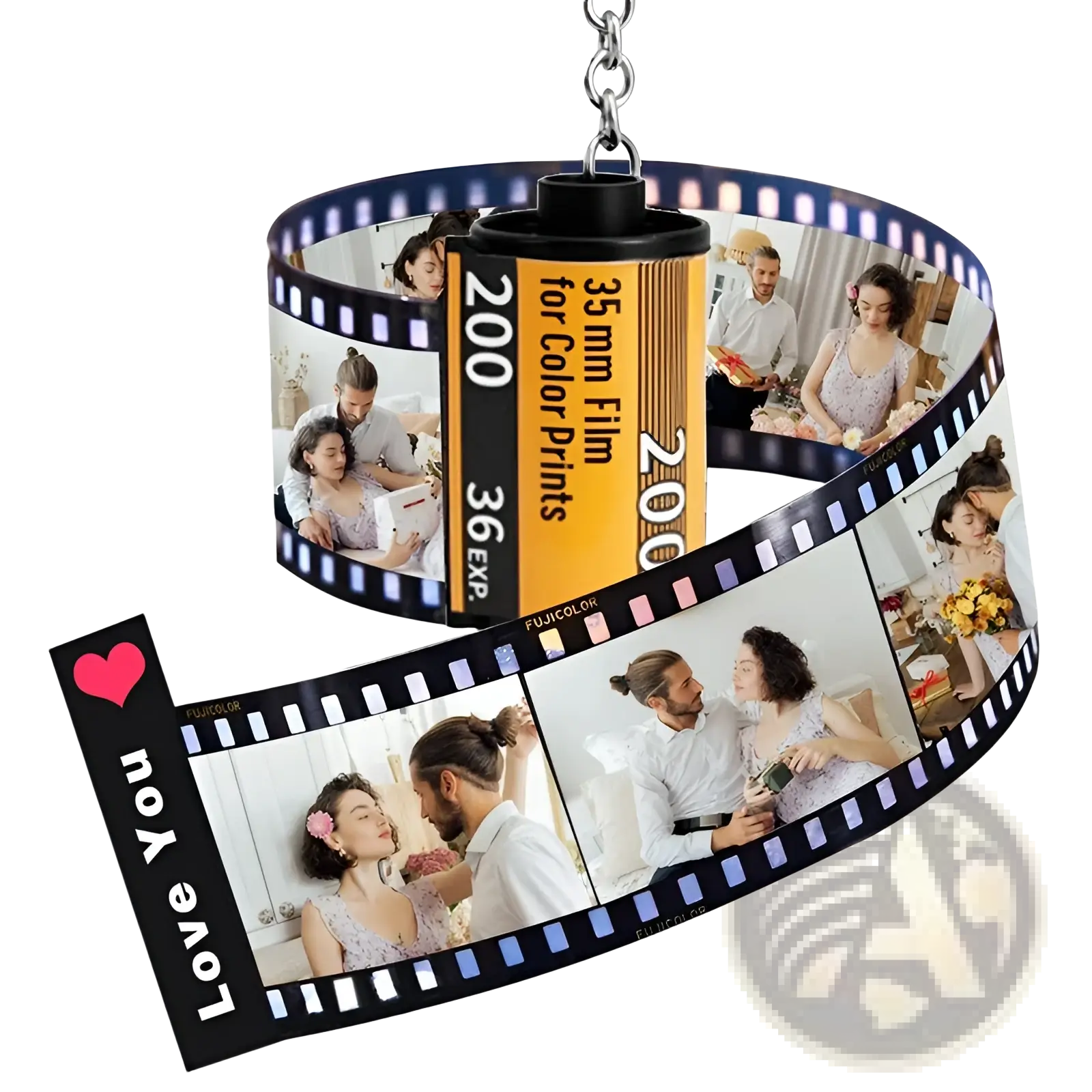 Custom photo film roll keychain featuring a black and yellow film reel pendant with printed couple photos and love you heart design