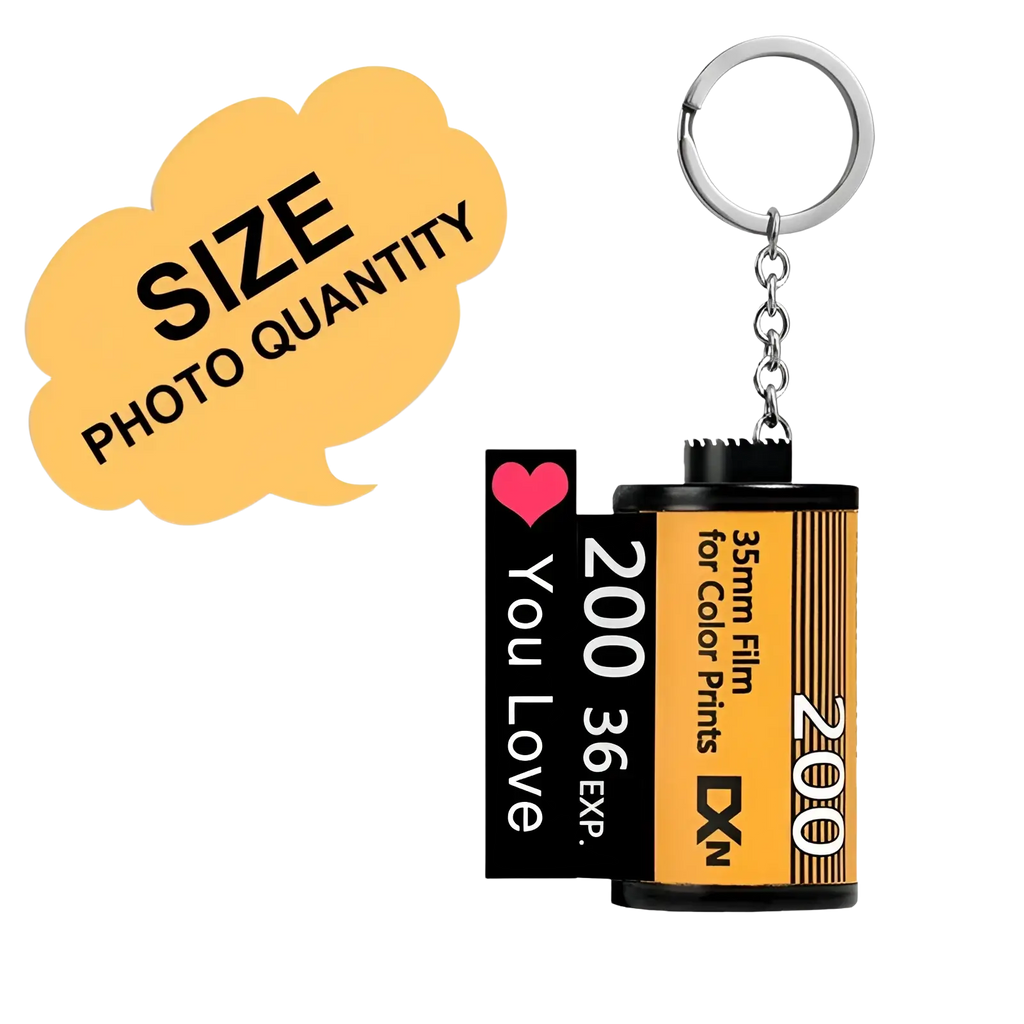 Custom photo film roll keychain featuring a yellow and black 35mm film canister with 200 printed on the side