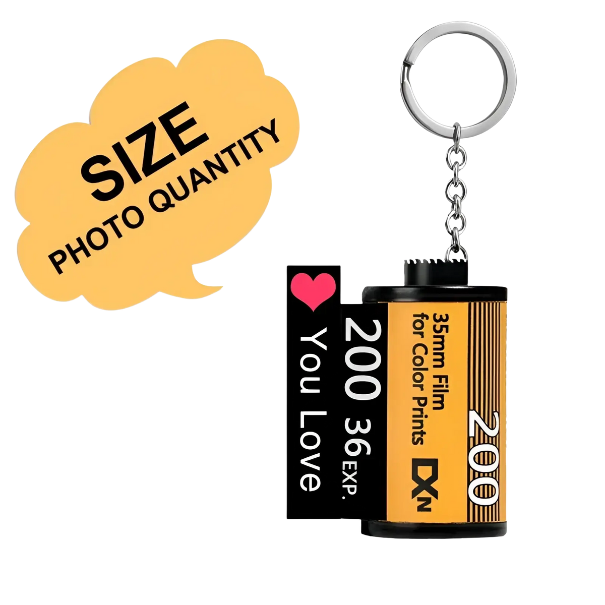 Custom photo film roll keychain featuring a yellow and black 35mm film canister with 200 printed on the side