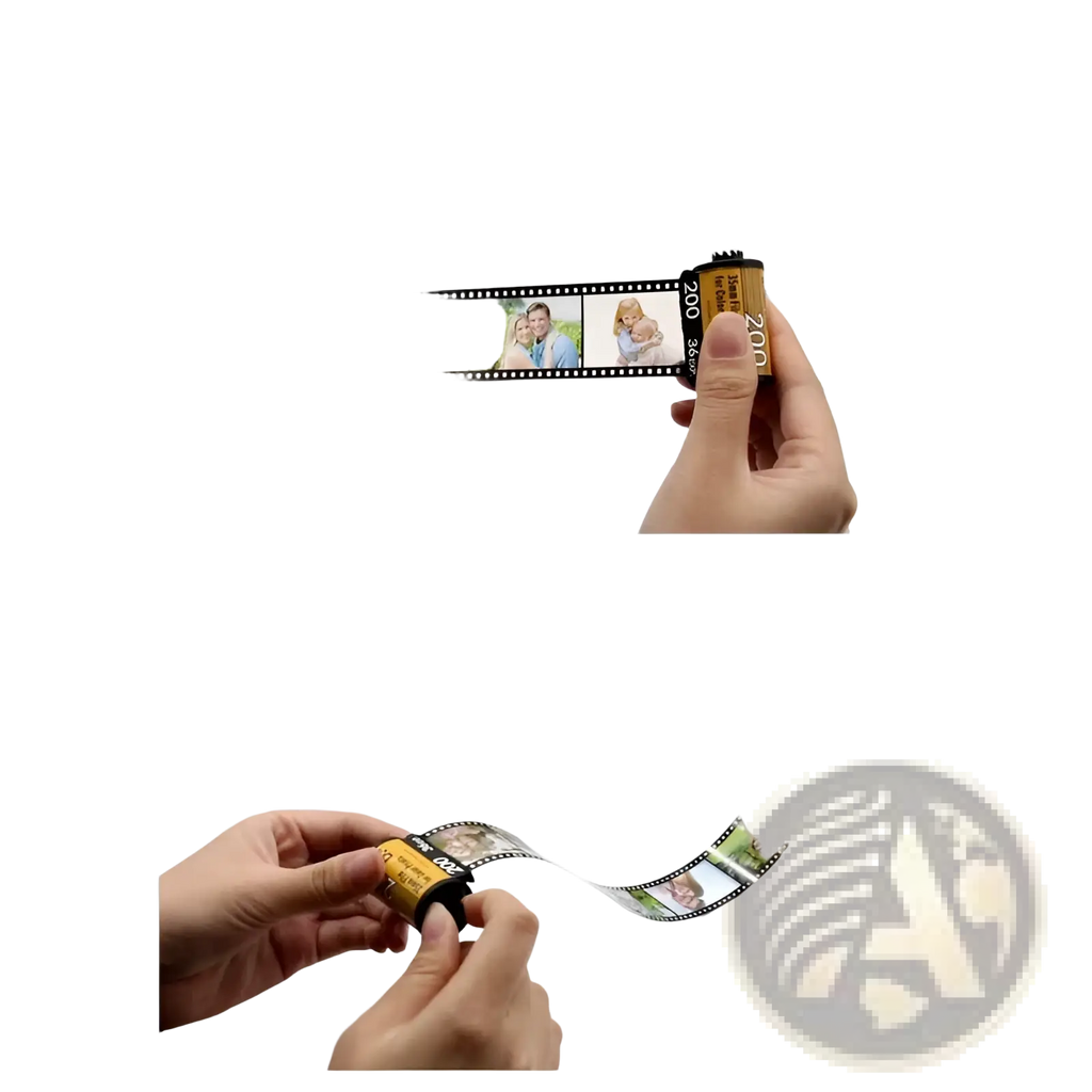 Custom photo film roll keychain featuring a yellow and black 35mm film roll with four printed family photos on the strip
