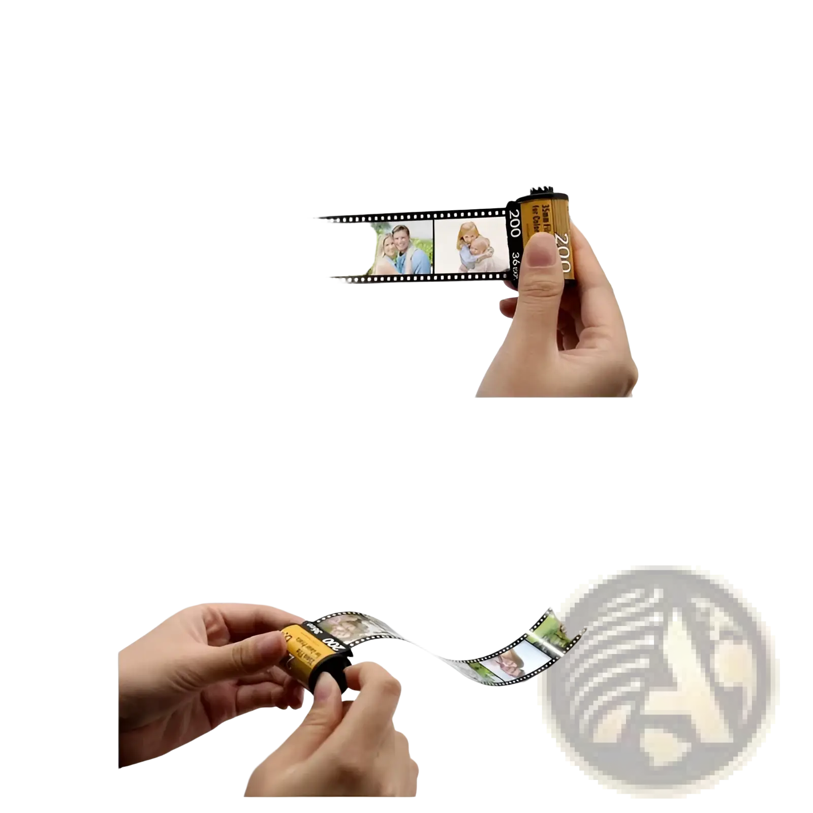 Custom photo film roll keychain featuring a yellow and black 35mm film roll with four printed family photos on the strip