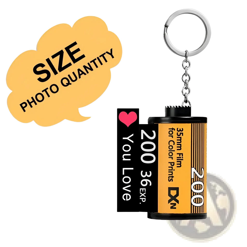Custom photo film roll keychain featuring a yellow and black 35mm film canister with 200 printed on the side