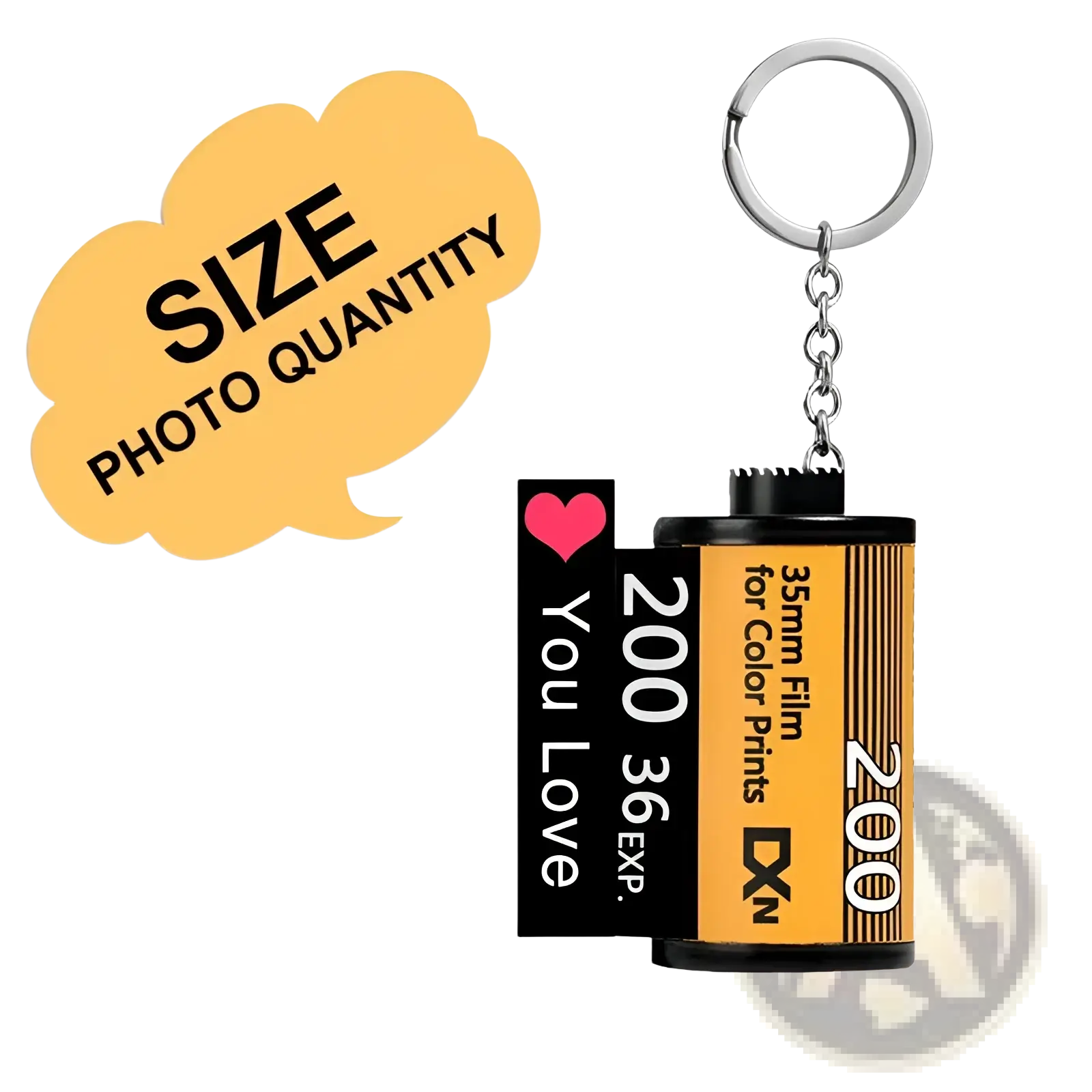 Custom photo film roll keychain featuring a yellow and black 35mm film canister with 200 printed on the side