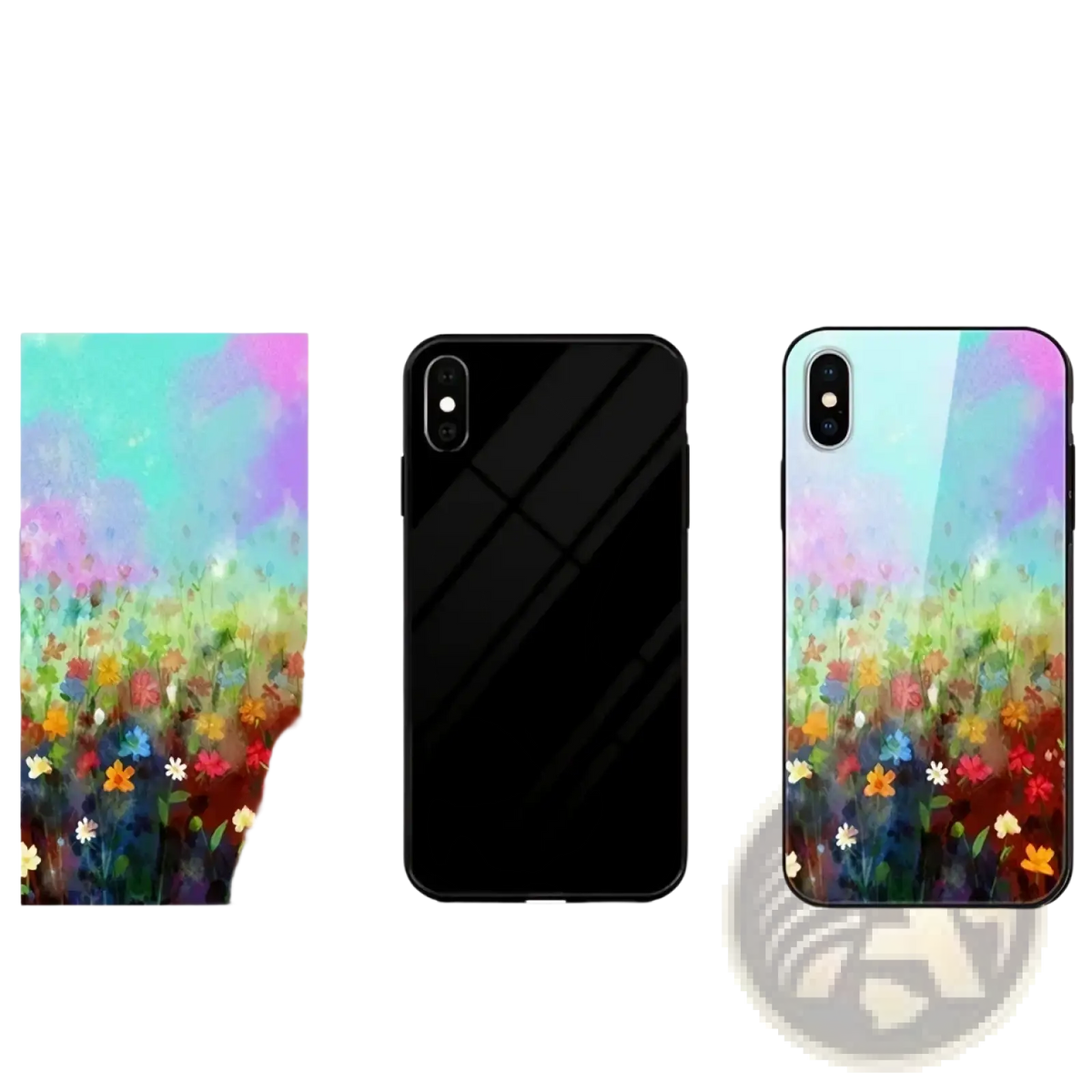 Custom photo iphone case personalized glass cover showing the back with vibrant abstract floral design in pastel and bold colors