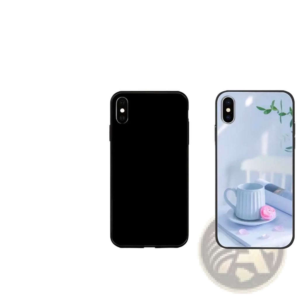 Custom photo iphone case featuring a black tpu back with a light blue teacup and pink pastry printed design