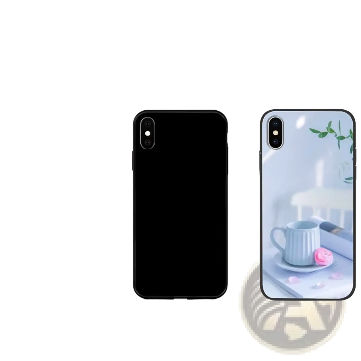 Custom photo iphone case featuring a black tpu back with a light blue teacup and pink pastry printed design