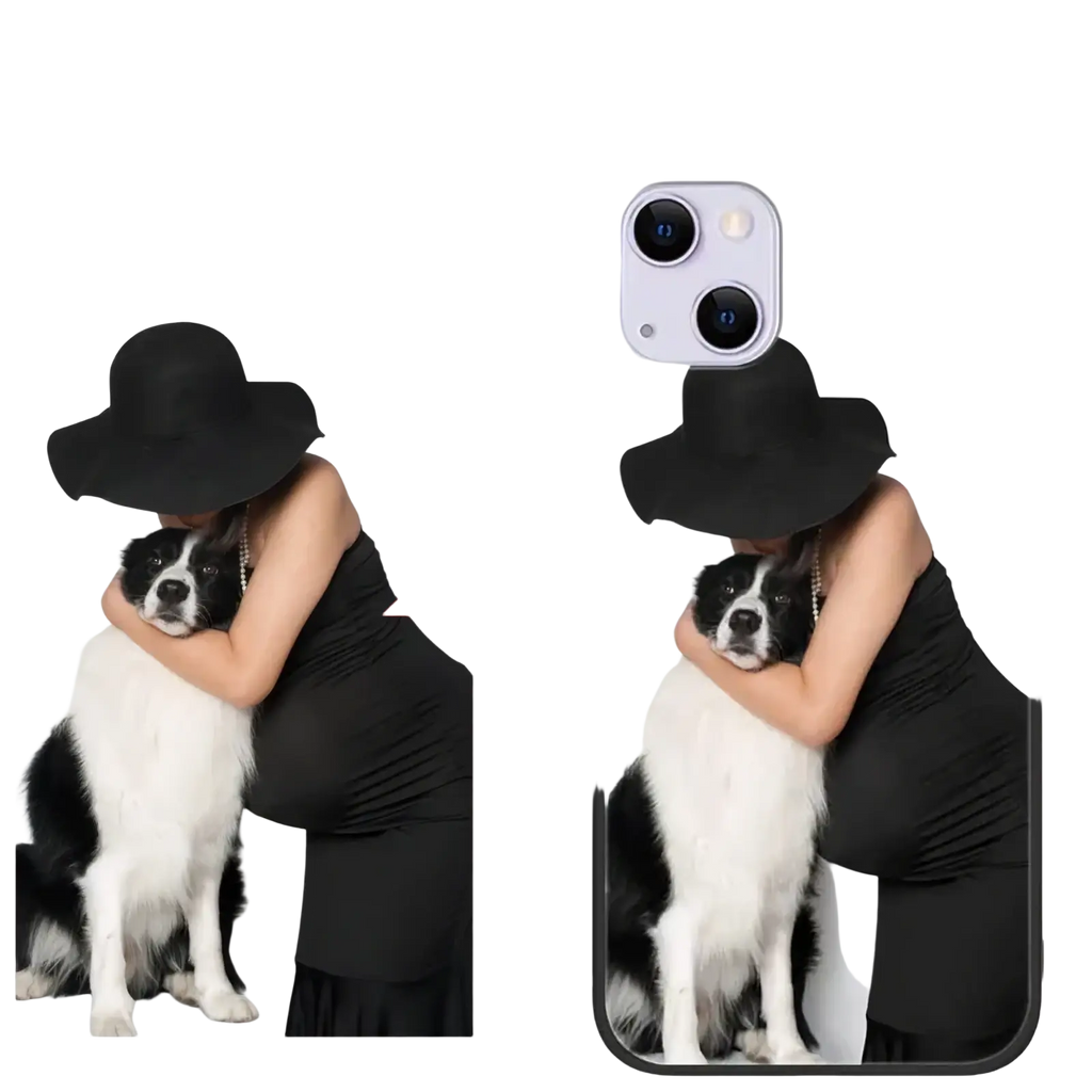 Black custom photo iphone case personalized glass cover showing the back with a woman in a black hat hugging a dog